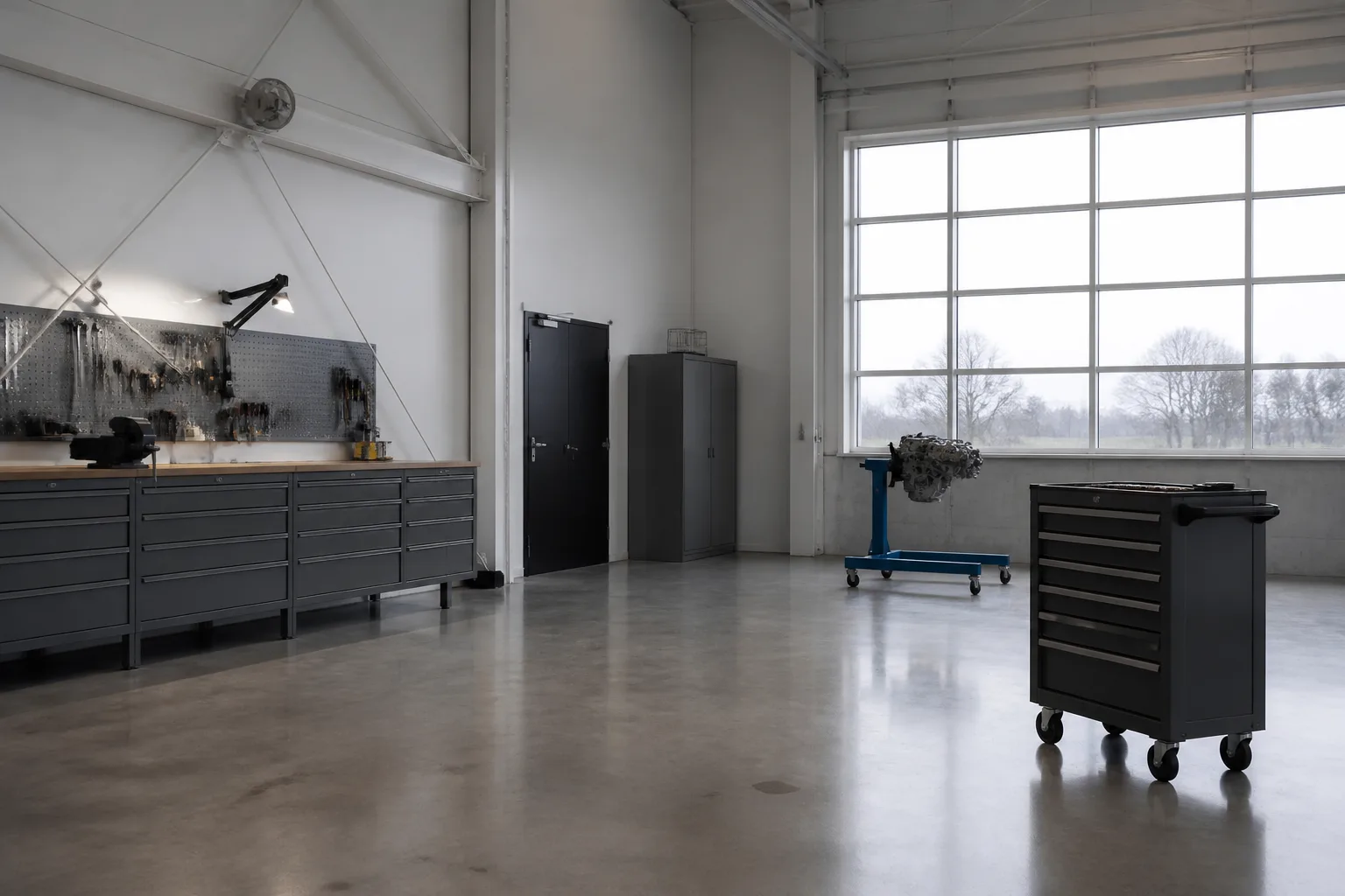 A clean hangar workshop with polished concrete and grey daylight