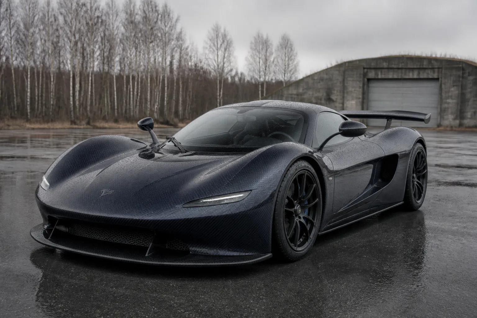 A carbon-bodied hypercar on wet tarmac at a disused airfield